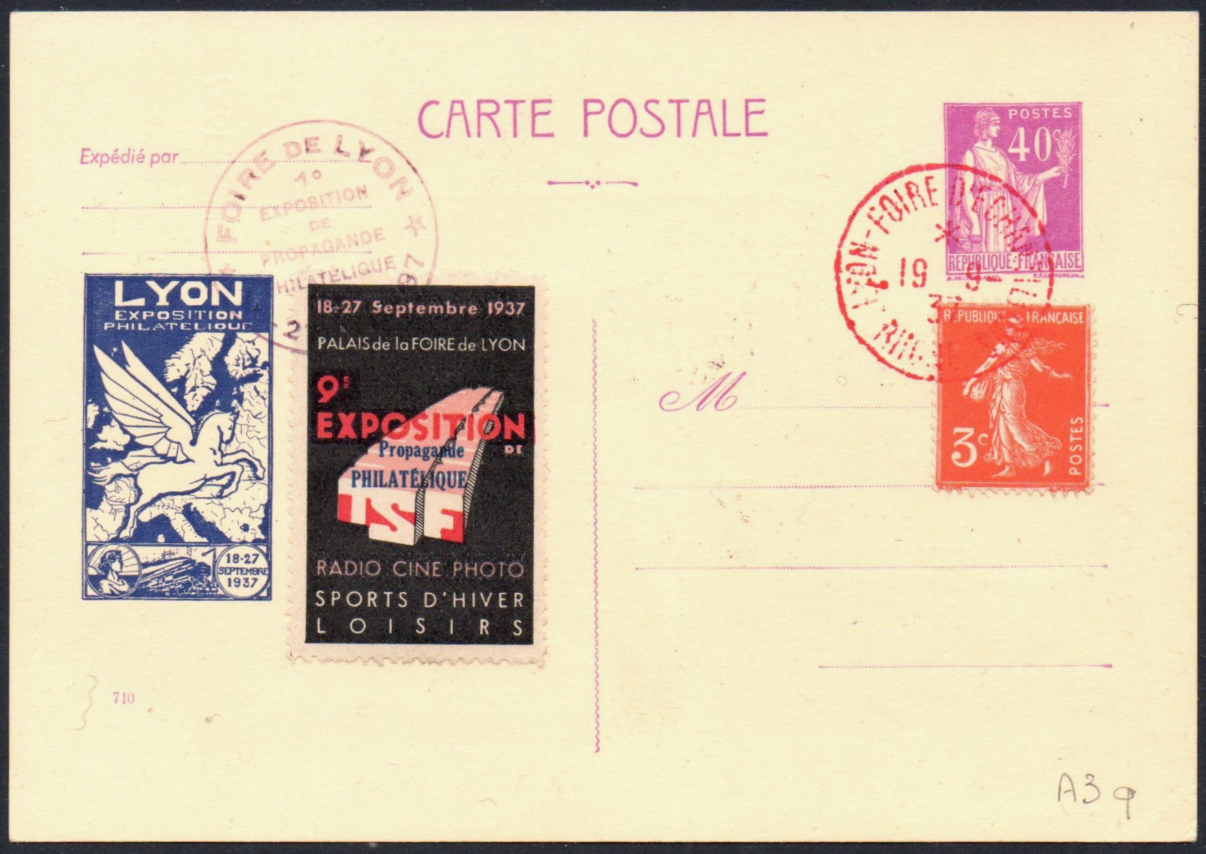 France : Lyon : Carte postale repiquée : postal stationery card for Première Exposition de Propagande Philatélique, Lyon 1937